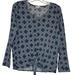 LOFT Outlet blue white yellow Floral Print Tie-Front Long Sleeve Blouse Top  MED